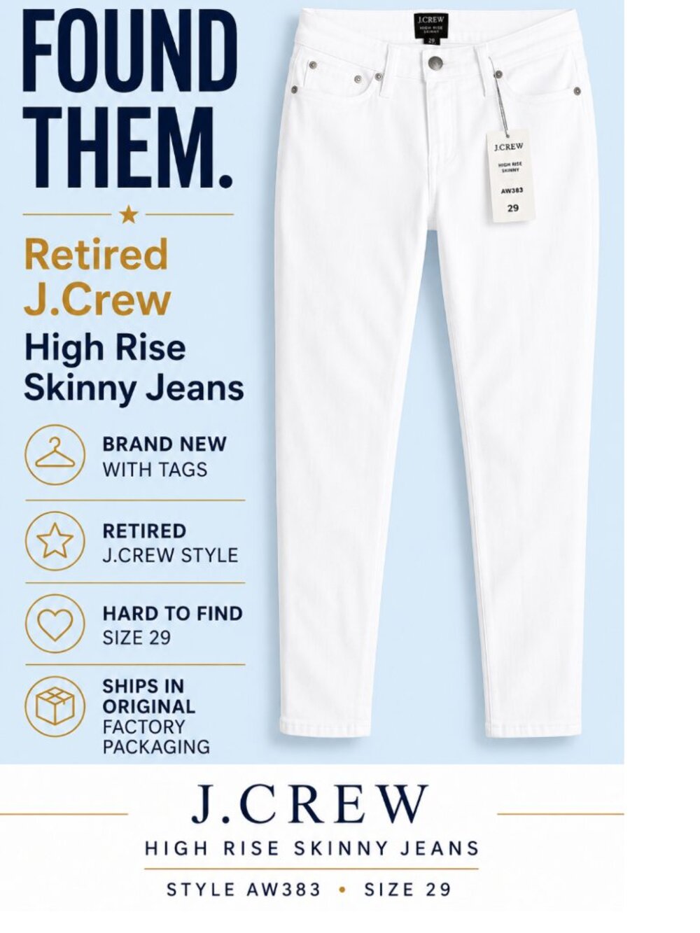 NWT  J,Crew High Rise Skinny Jeans, White, Size 29 Retired Style, Hard to Find